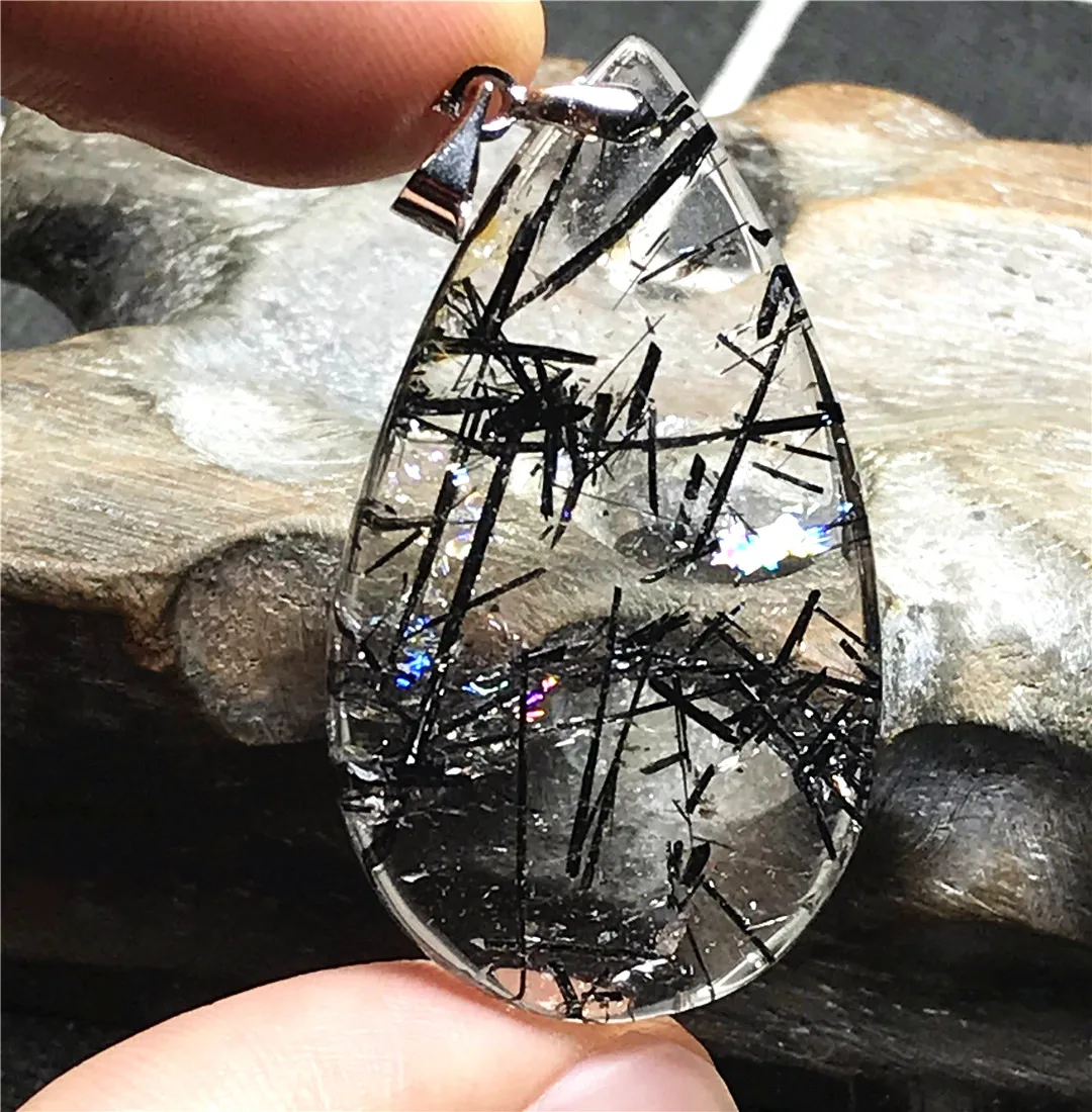 

Top Natural Brazil Black Rutilated Pendant 38x23x3mm For Woman Man Gift Wealth Love Lucky Crystal Silver Energy Gemstone AAAAA