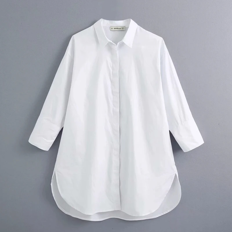 

New 2021 women simply style buttons decoration casual white poplin blouse office lady side split shirts chic blusas tops LS6562