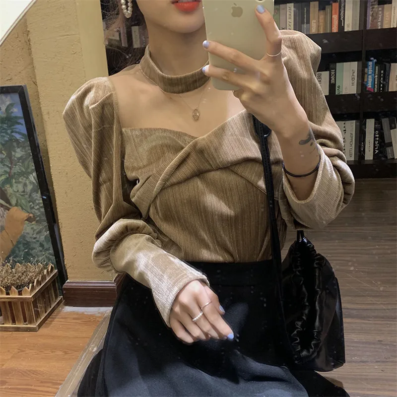 

RUGOD/2021 Весенняя универсальная Вельветовая рубашка с воротником irregualr; Элегантная Модная Мягкая универсальная рубашка; Простые однотонные к...