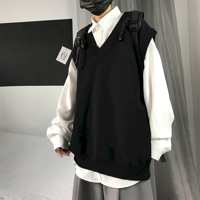 

Men Sweater Vest Autumn Solid Color Knitted Male Korean Style Trend Loose V-neck Sleeveless Waistcoat Vest Sweater College Style