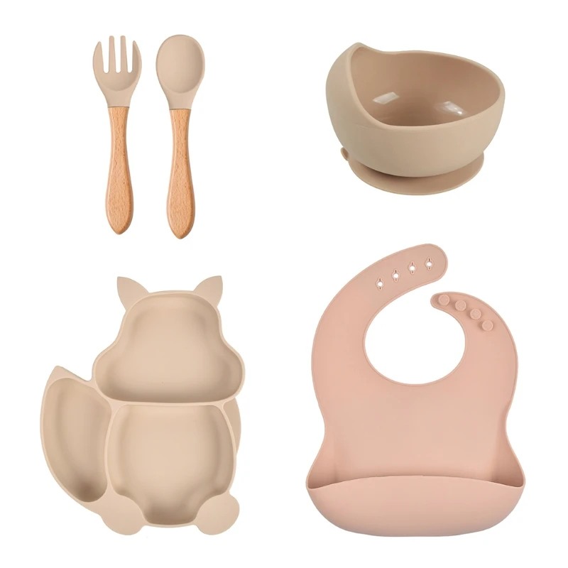 

5Pcs Baby Silicone Bibs Squirrel Divided Dinner Plate Sucker Bowl Spoon Fork Set 45BF