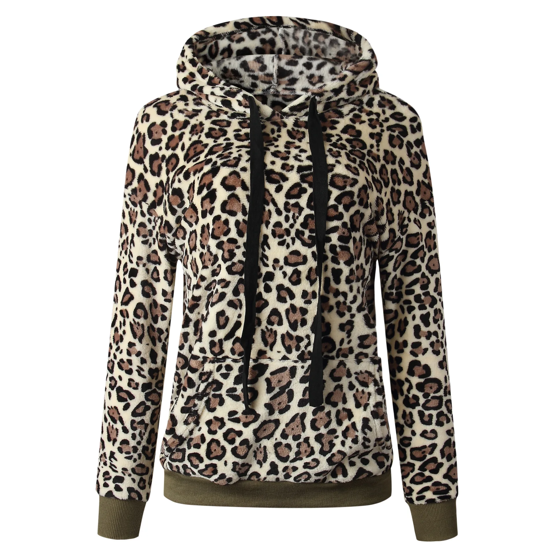 Leopard Faux Fur Hoodies Women Pockets Warm Autumn Winter Sweatshirt sexy hooded Pullover pocket jacket with hat | Женская одежда