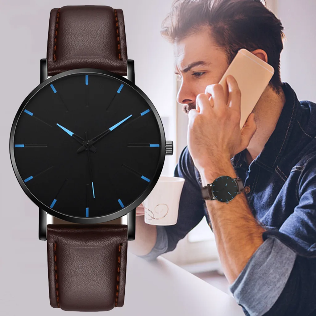 

Men Watch Roman Numerals Blu-Ray Faux Leather Band Quartz Analog Business Wrist Watch montre homme часы мужские наручные