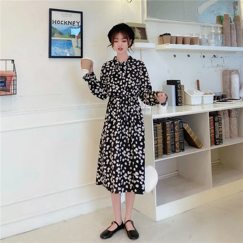 

Long Sleeve High Waist Fashion Spring Autumn Dress Elegant Women Floral Chiffon Casual Bow Tie Neck A Line Print Dresses E104