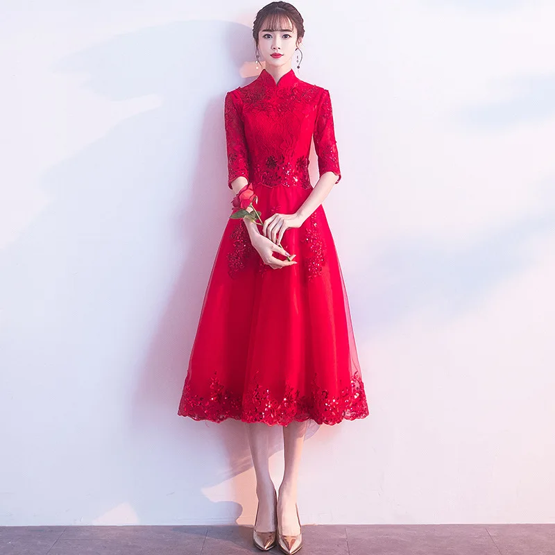 

Элегантное красное платье с блестками и отделкой Формальные вечерние платье изысканный женский длинный банкет платье темперамент в китайс...