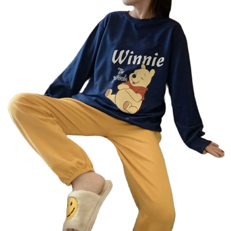 Disney Winnie the Pooh Cute Kawaii Pijama Mujer Blue Tops and Yellow Trouser Suits for Women Sleepwear Soft Women's Nightwear