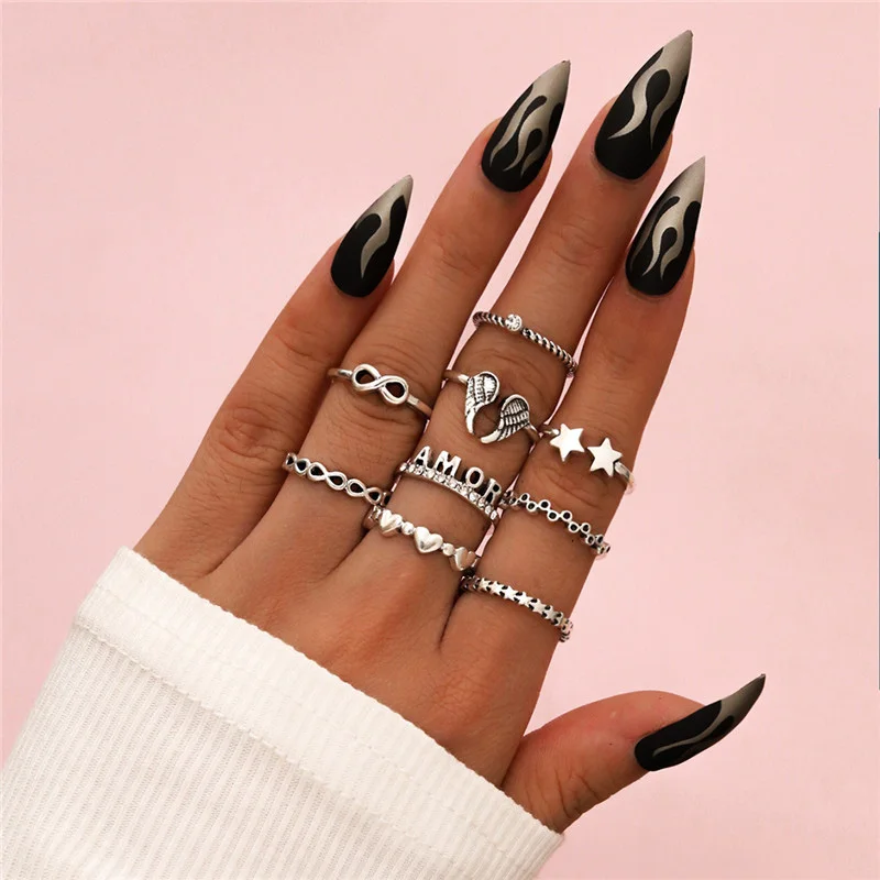 

New Boho 9pc/set Silver Color Star Wing Heart Rings Set for Women Vintage Letter Finger Ring Female Bohemian Jewelry Gifts