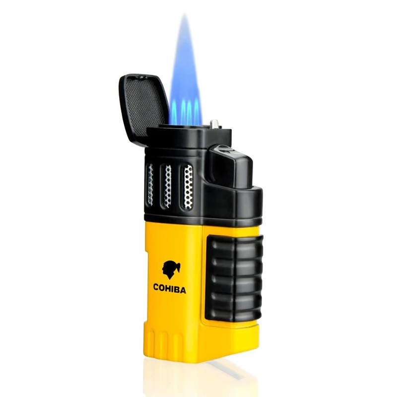 COHIBA New Cigar Torch Lighter 4 Torch Jet Flame Refillable with Punch Smoking Accessories Tool for Smoking Portable Gas Lighter