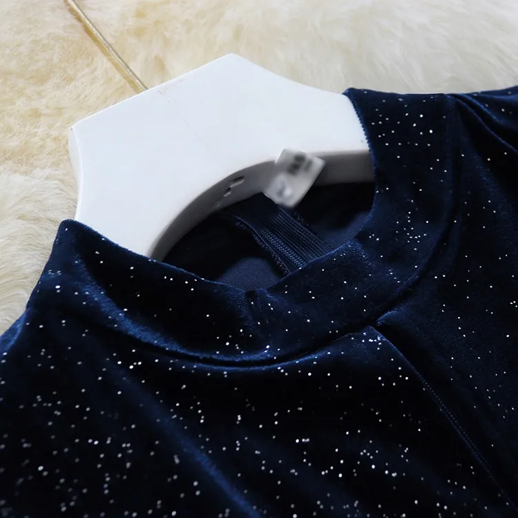 Темно-синие велюр модное женское платье шикарное с длинными рукавами-фонариками