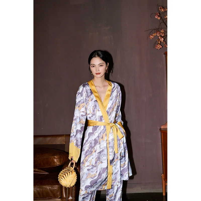 Pajamas Nightgown Ice Silk Pajamas Women's Long Sleeved Trousers Two-piece Suit Home Clothes