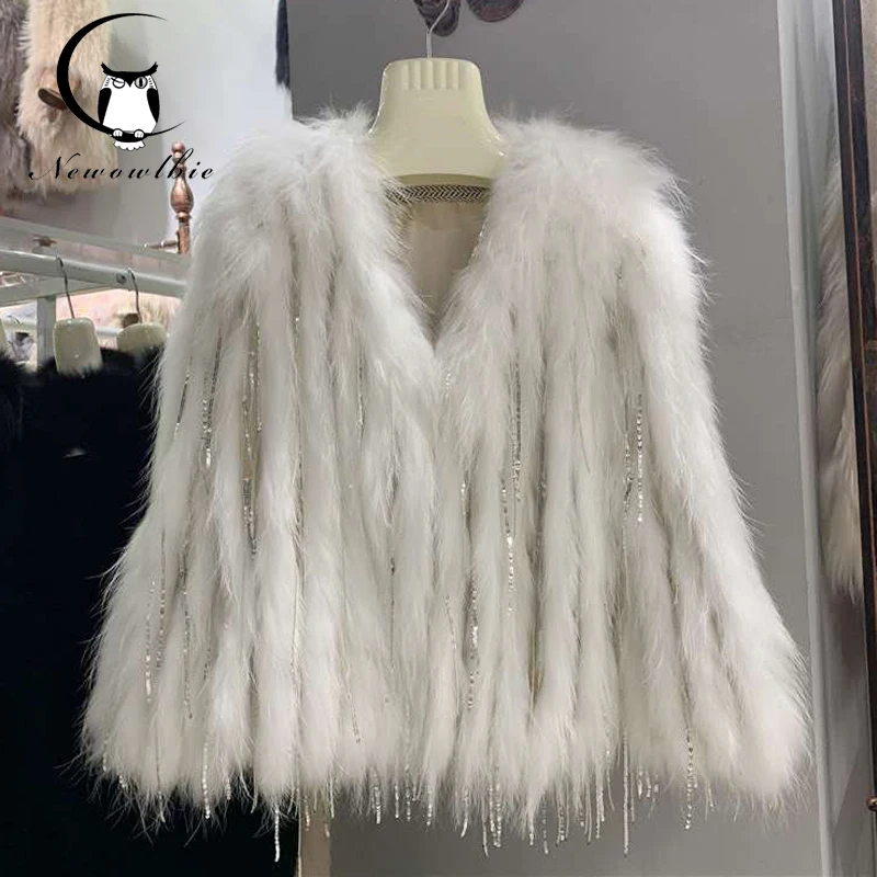 Length 55cm Real fur coat women knitted real fox fur overcoat  new fashion stlye female coat Raccoon fur woven with fringe coat