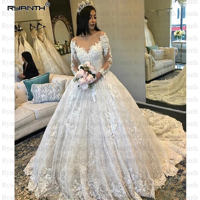 

Сексуальная Чистая иллюзия совок шнуровка сзади Vestido de noiva 2020 Robe de mariee с длинными рукавами принцесса кружева бальное платье свадебное платье