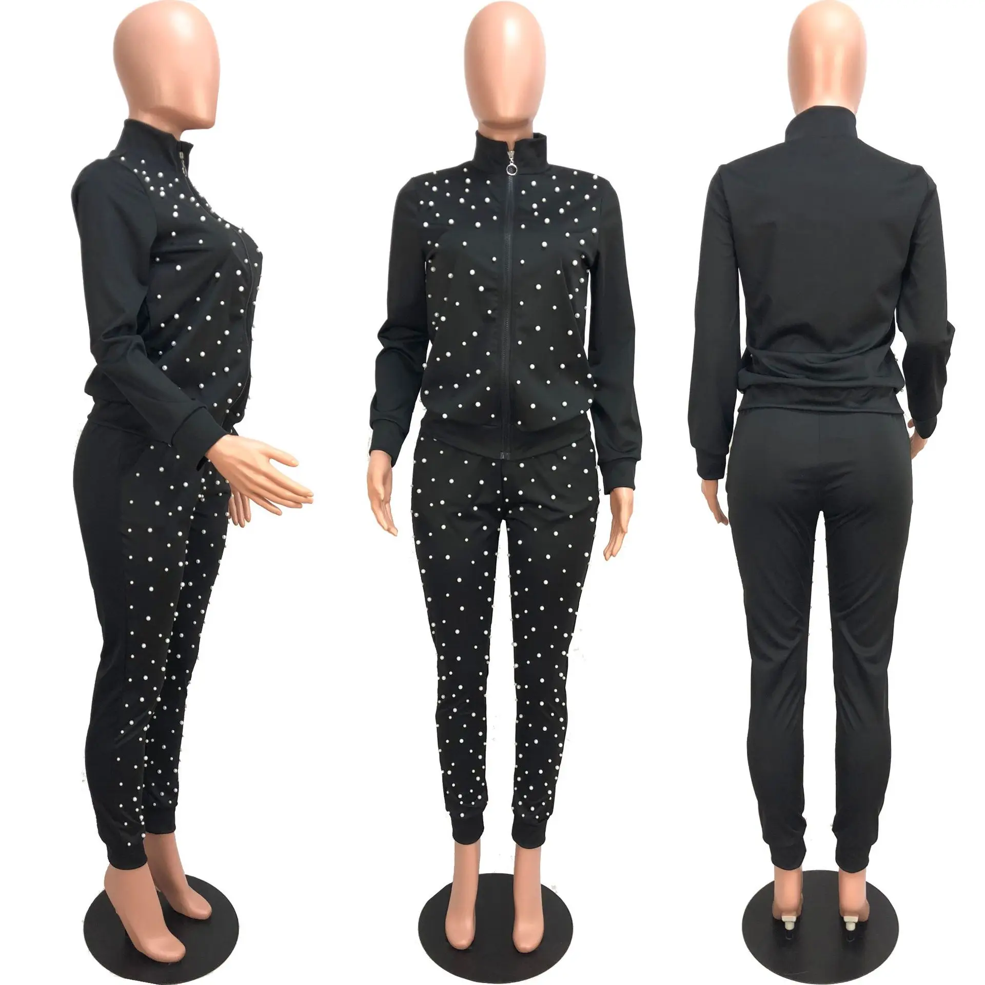 

FNOCE Cross-border Foreign Trade Fashion Women's hot Style Beaded Sports And Leisure Street Jacket Two-piece Female Suit