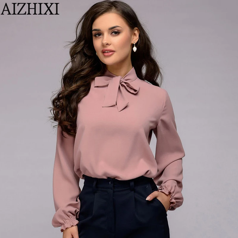 Naked Pink AIZHIXI, женские шифоновые блузки с галстуком-бабочкой, весенне-летние однотонные повседневные рубашки, винтажные элегантные женские рубашки с длинным рукавом, топы, блузы - Цвет: Naked Pink