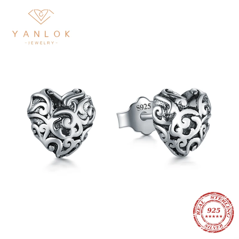 

YANLOK New Design Genuine 925 Sterling Silver Vintage Pattern Heart Stud Earrings for Women and Men Punk Jewelry 2022 Brincos