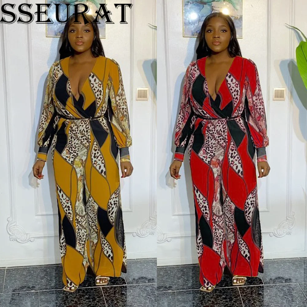 

SSEURAT Women Jumpsuit Long Sleeve Elegant Print High waist Long Wide Leg Pants Casual Plus Size Overalls Loose