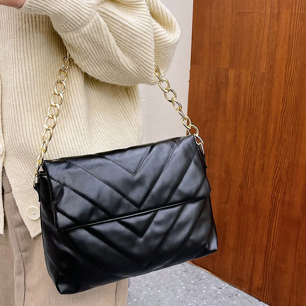 

Women PU Leather Chain Flap Shoulder Bag Solid Color Embroidery Thread Quilted Lattice Luxury Trending Handbag Designer Clutch