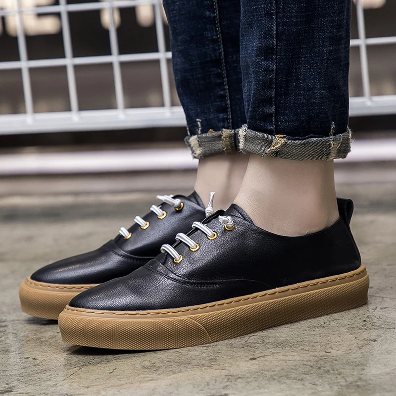 

Men Leather Casual Shoes Men Summer Brand Comfortable Flat Shoes for Men Trendy Sneaker Men Lace Up Men Shoes black white
