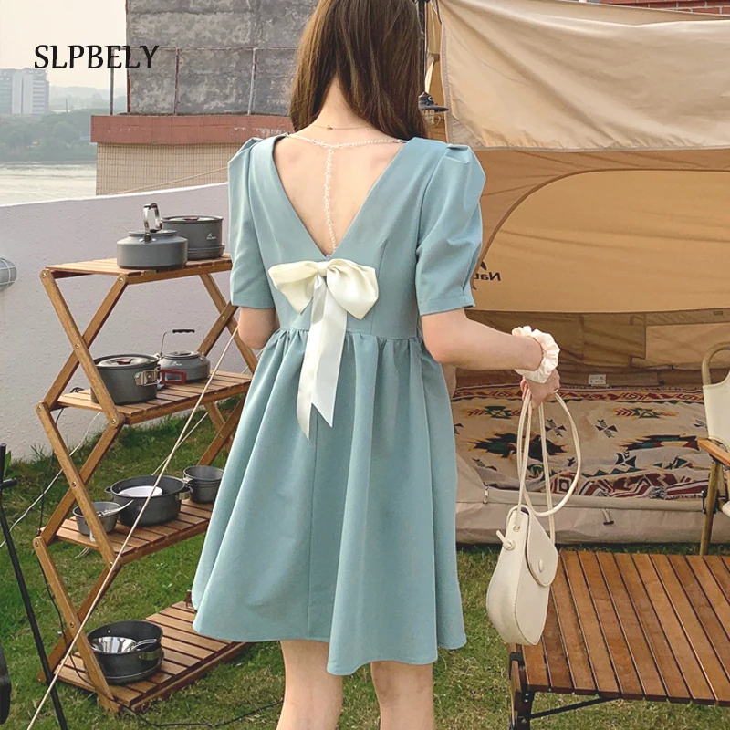 

SLPBELY Women Backless Bow Dress Summer French Square Collar Mini Dress Puff Sleeve Aline 2021 Casual Ladies Blue Black Dresses
