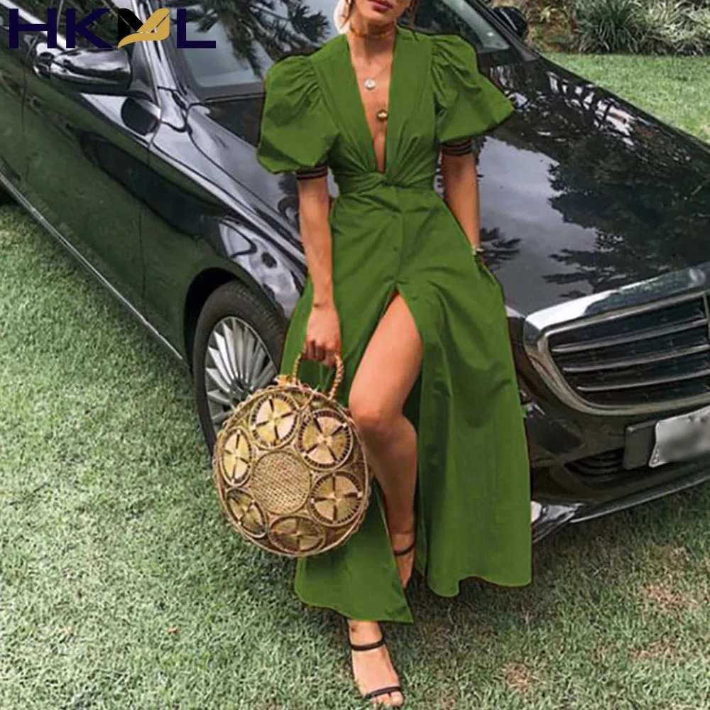 

2021 Summer New Women's Dress V-Neck Puff Sleeve Split Solid Color Single-Breasted Europe America Fashion Dress