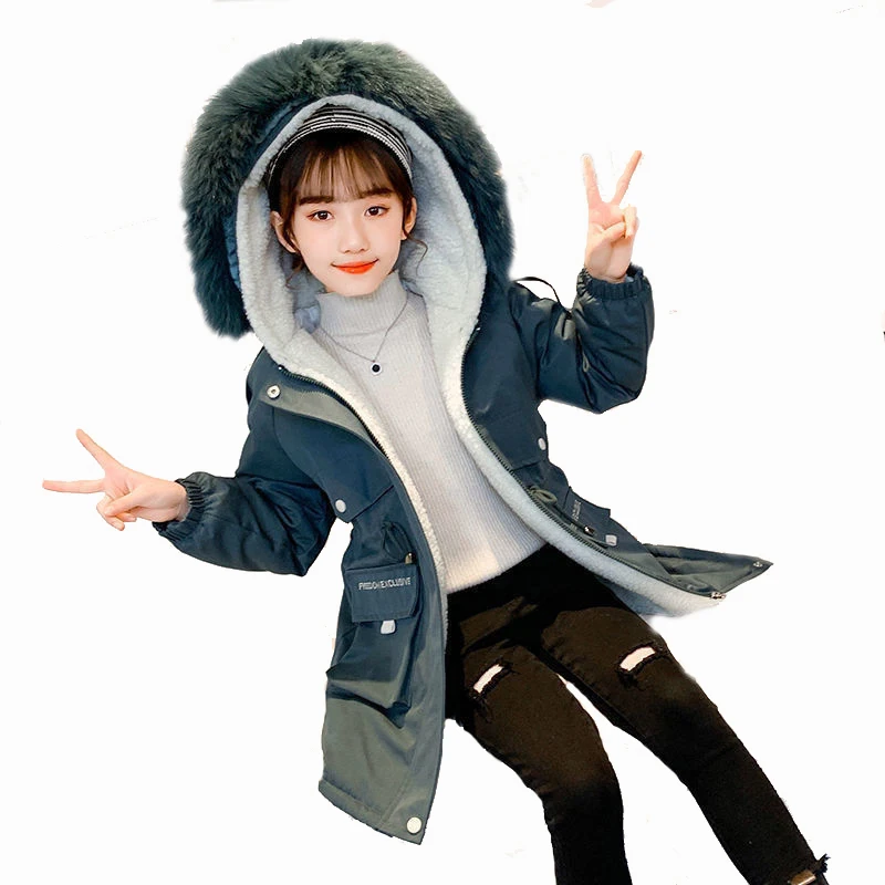 

Girl's New 2023 Add Flocking Cotton-padded Clothes Kid's Warm Coat Students' Blue Long Warm Winter Jacket Winter Leisure Coat