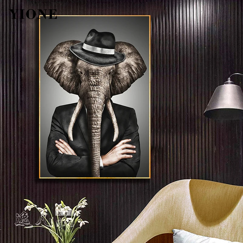 

Nordic Vintage Gentleman Elephant Lion Canvas Painting Abstract Animal Art Prints Wall Poster Picture for Living Room Home Decor