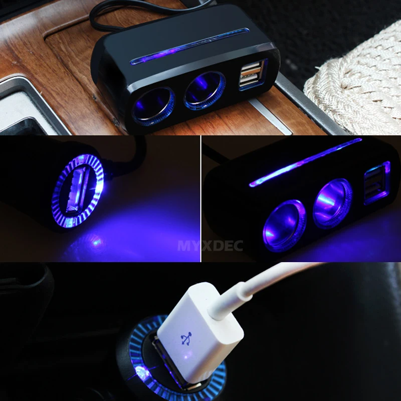 3.1A тройник от 1 до 2 розеток+ USB Питание 80 ватт машинный Зарядное устройство с синим светом, авто переходник для автомобиля 12 V-24 V/DC Дисплей Напряжение