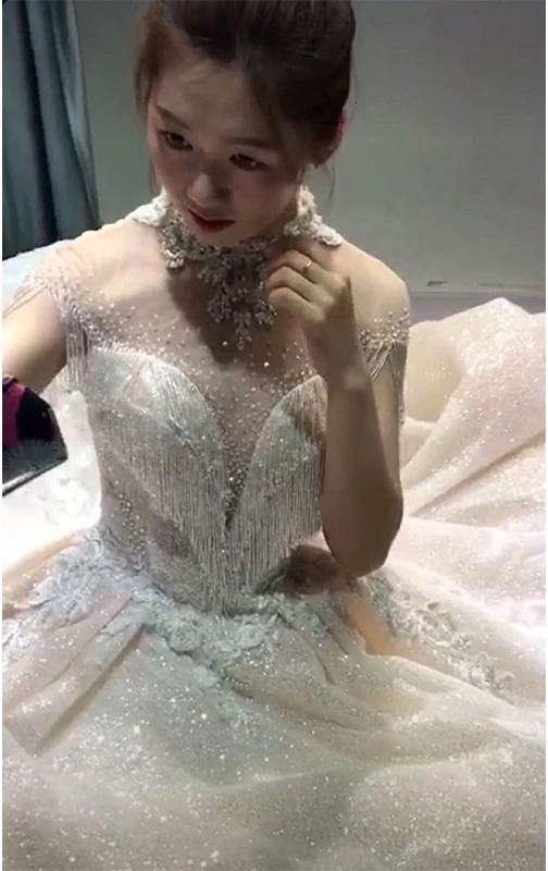 Vivian's Bridal блестящая вуаль свадебное платье кружева с высоким воротником, со стразами Иллюзия сетки Бисероплетение кисточкой Принцесса фантазия Свадебное бальное платье