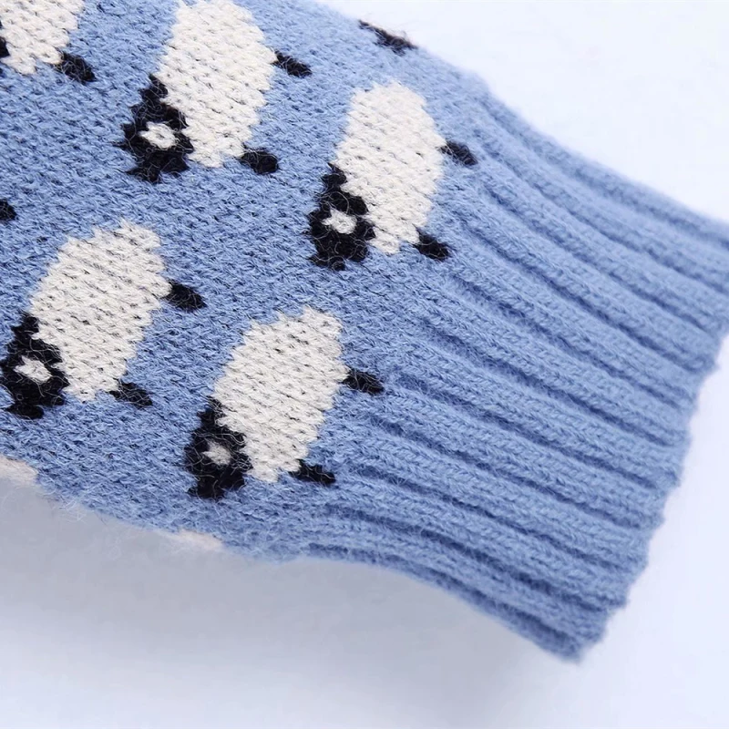 

PUWD Casual Woman Blue Embroidery Sweater 2020 Fashion Ladies Autumn Soft Sheep Print Knitwear Female Sweet Long Sleeve Knit Top