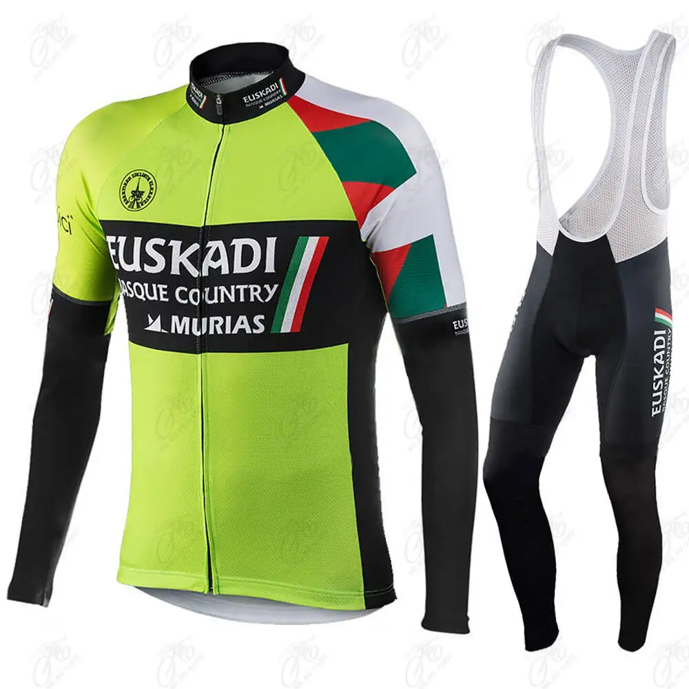 2021 Winter Euskadi Cycling Jersey Set Men Long Sleeve Green Bike Clothing Thermal Fleece Road Wear Suit Bicycle Bib Pants | Спорт и