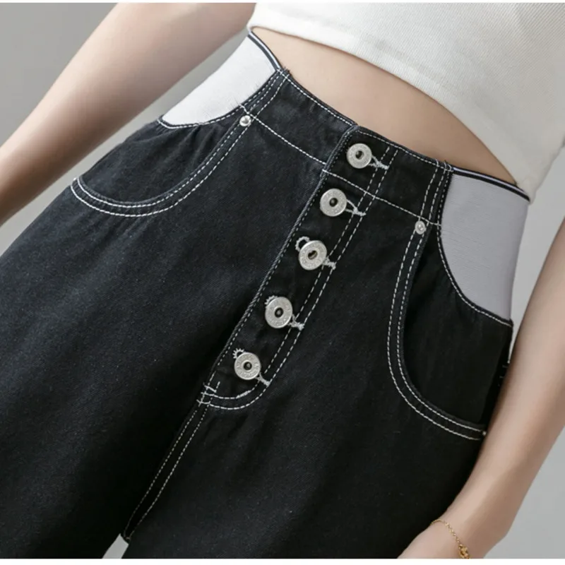

#2284 Black Blue Wide Leg Jeans Women Single Breasted Korean Style Casual Straight Jeans Femme Loose Thin High Waisted Jeans