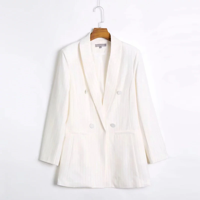 Женский Повседневный костюм в полоску белый длинный двубортный пиджак офисный