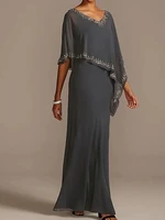 charcoat gray mother of the bride dress 2022 plus size elegant v neck floor length chiffon half sleeve beads prom party gown