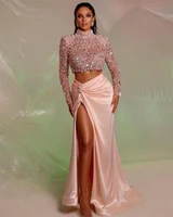 2 pieces pink evening dresses 2022 beads sequins high neck prom dress custom made sexy side split long sleeves vestidos de noche