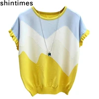 shintimes thin t shirt women knitted stitching color tee shirt femme summer loose tops woman short sleeve casual t shirt female