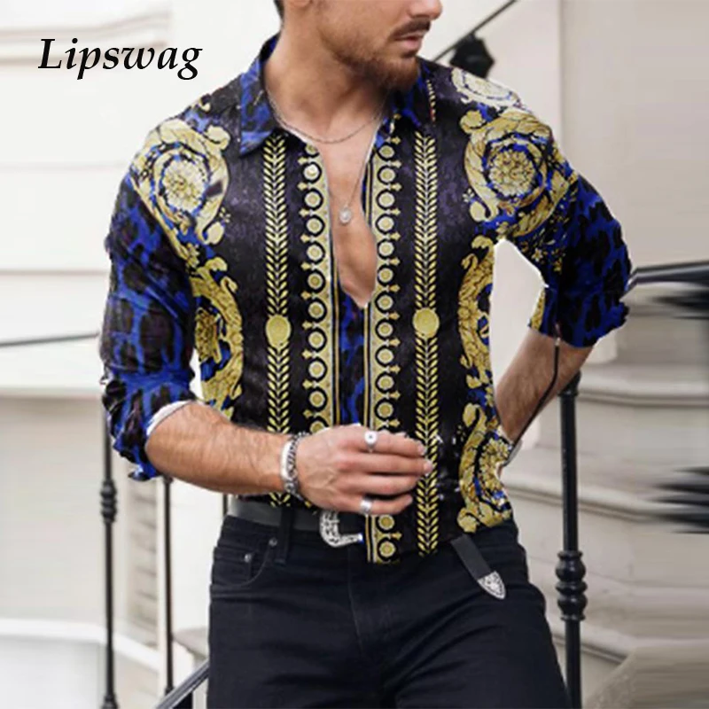 

Men's Long Sleeve Shirts Vintage Pattern Printing Turn-down Collar Cardigan Tops For Men 2021 Summer Casual Fashion Streetwear