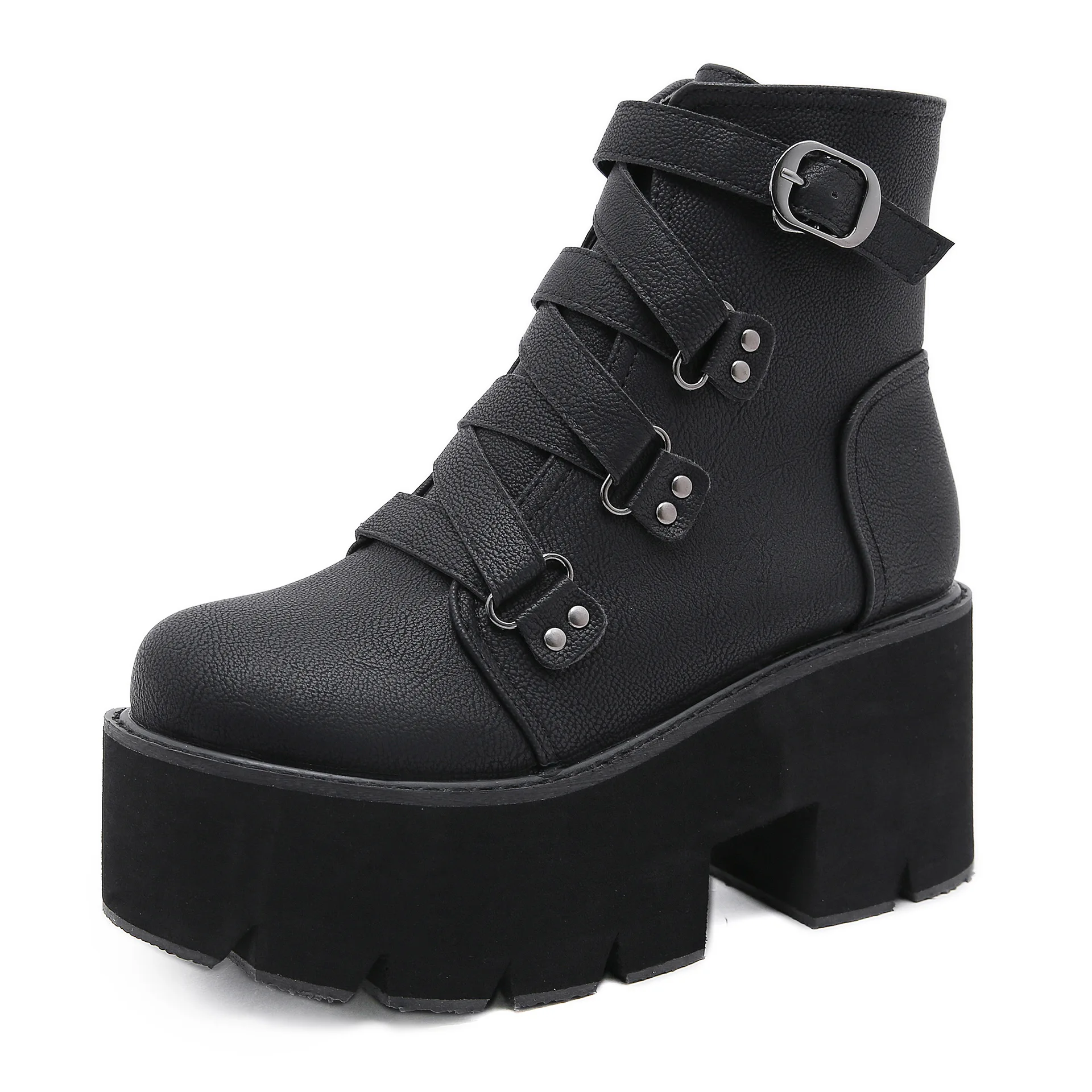

Spring Autumn Ankle Boots Women Platform Boots Rubber Sole Buckle Black Leather PU High Heels Shoes Woman Comfortablewt65
