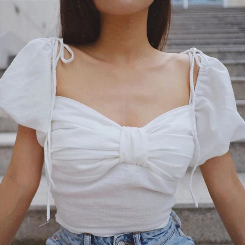 

Women's new arrival sweet square collar pleated short-sleeved blouse with wooden ears for women