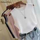 Женская трикотажная блузка, летняя Однотонная рубашка с круглым вырезом без рукавов, повседневные облегающие белые майки, 2021