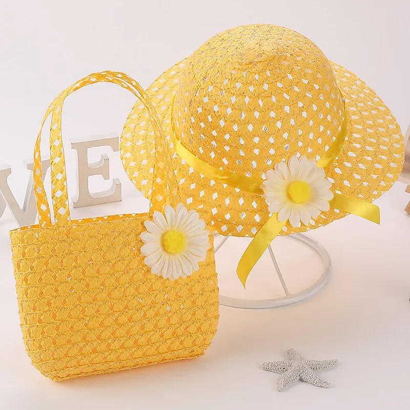 

Summer Baby Sun Hat Girls Kids Straw Hat Cap Summer Kids Beach Hat Breathable Flower Tote Set Hat and Bag for Baby Girl