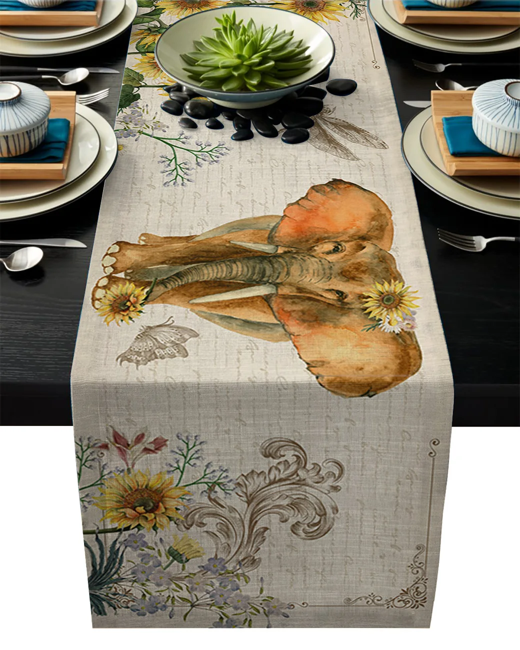 Винтажный настольный бегун со слоном и подсолнухом для свадебной вечеринки