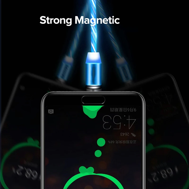 Кабель зарядный Магнитный светящийся с разъемом Type-C Micro USB кабель для iPhone Xiaomi 8 9 9T