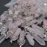 natural pink crystal 32x8mm hexagonal column rose quartz charms pendants for diy earrings necklace jewelry making