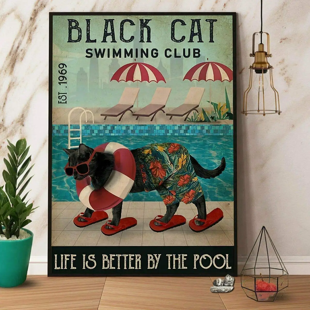 

Cat Swimming Club Life is Better by The Pool Poster Art Decor Home Poster Metal Iron Painting Home Family Lovers Gift Metal Sig