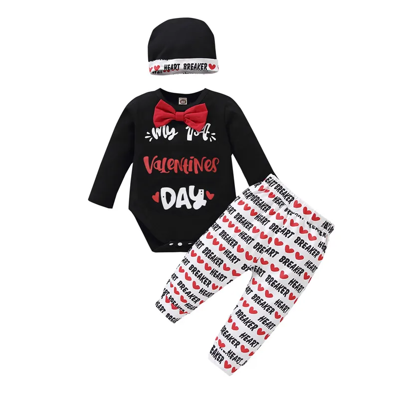 

0-12M Newborn Babyâ€™s Three Piece Clothes Fashion Unique Heart Letter Long Sleeve Jumpsuit and Long Pants with Cute Hat
