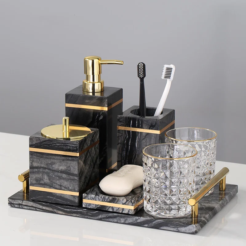 bathroom set marble liquid soap dispenser toothbrush holder dish gargle cup tray cottonswab box aromatherapy bottle nordic style free global shipping