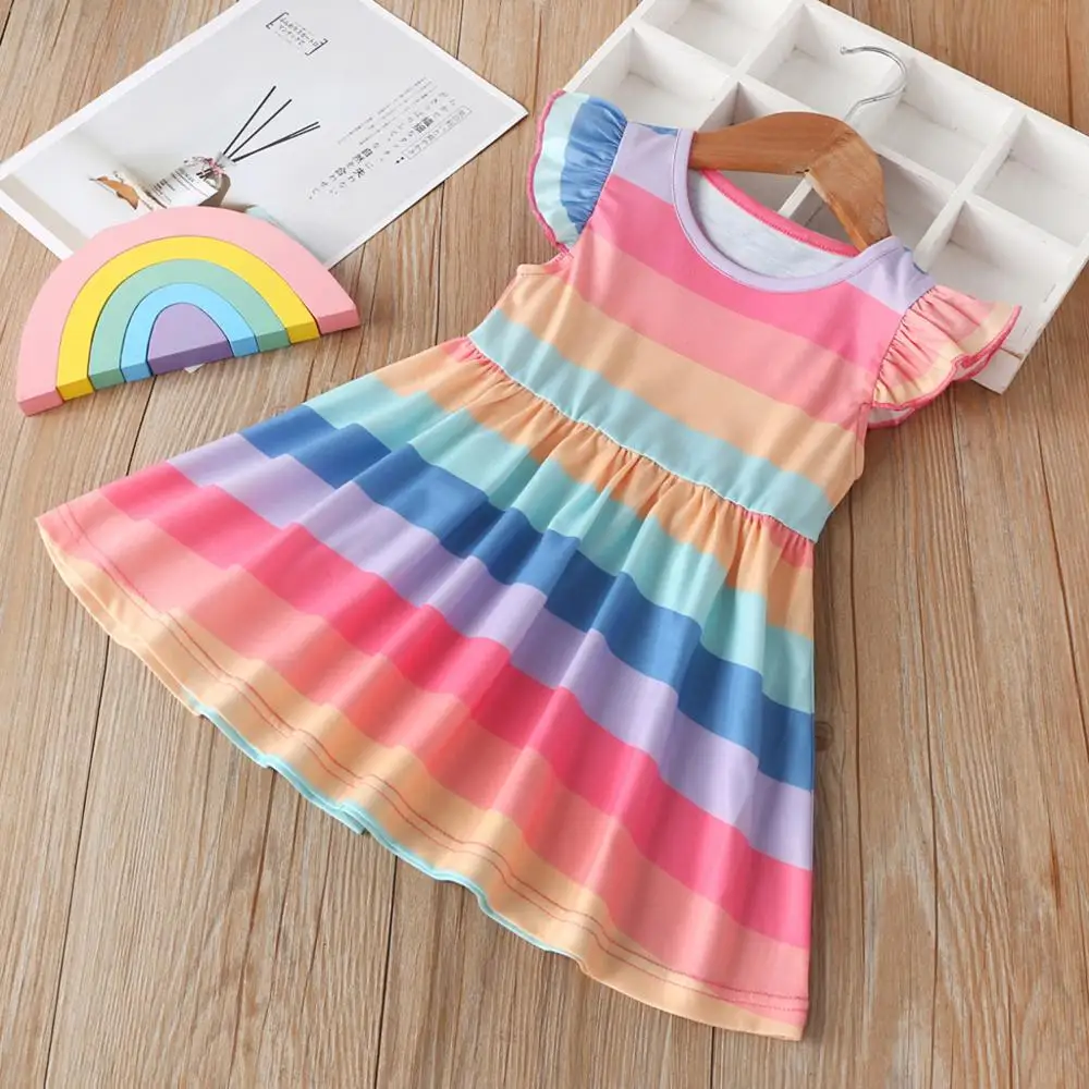 

Summer Girls Clothes Girls Fly Sleeve Striped Rainbow Princess Pageant Gown Birthday Dress Kids Party Princess Dress
