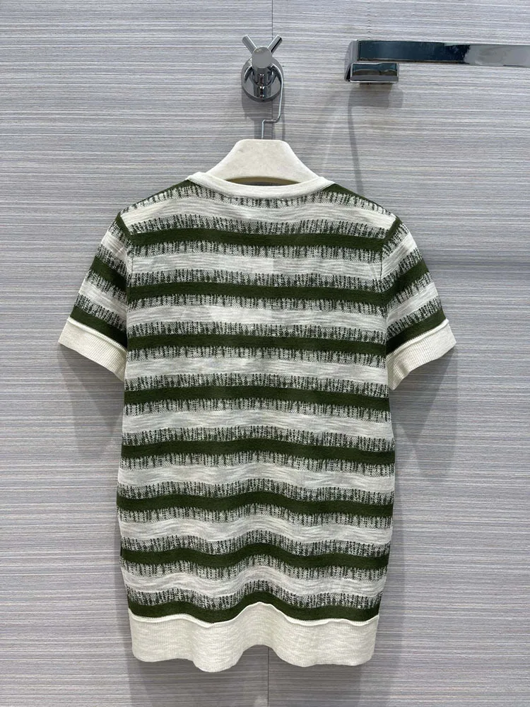 

2021 Summer Women's Wear New Casual Simple Wild Stripe Gradient Flax Knitted Short Sleeve T-shirt