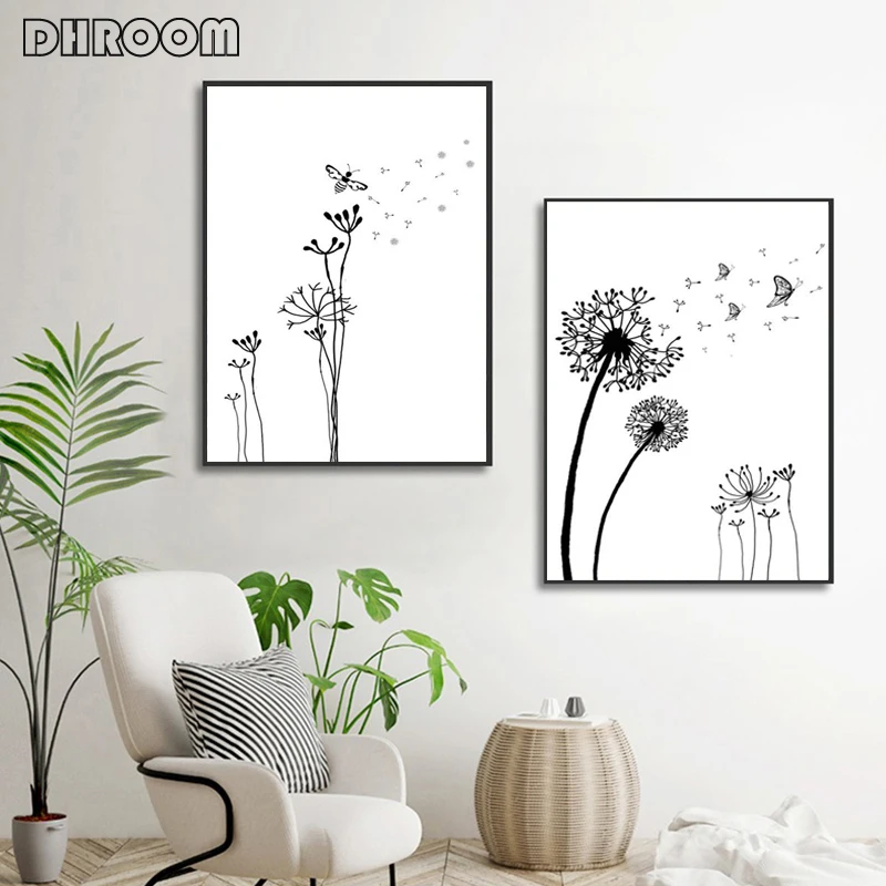 Абстрактная Настенная картина Одуванчик холст плакат черный белый цветок