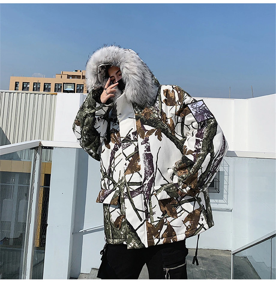 Winter Hip Hop Parkas Men Camouflage Jackets Fur Collar Hooded Thick Windbreaker Coats Outwear Streetwear Plus Size HZ158